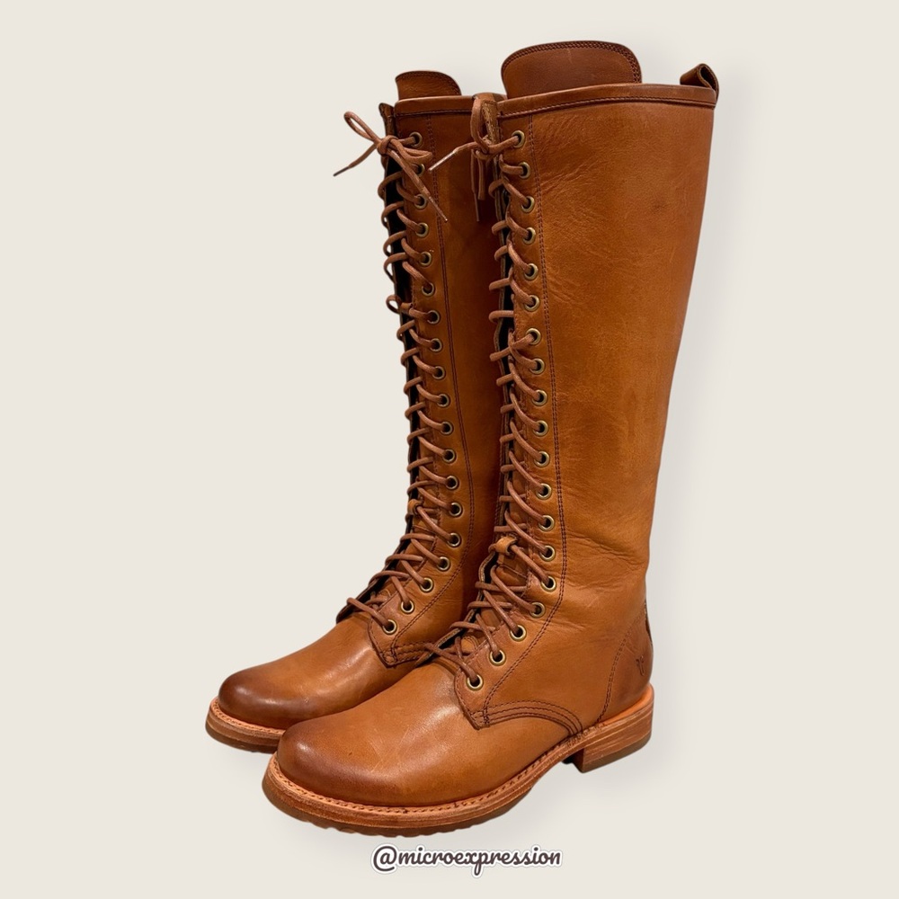 $665 Frye Veronica Tall Cognac Leather Lace Up Knee High Riding Equestrian Boot - Picture 9 of 14
